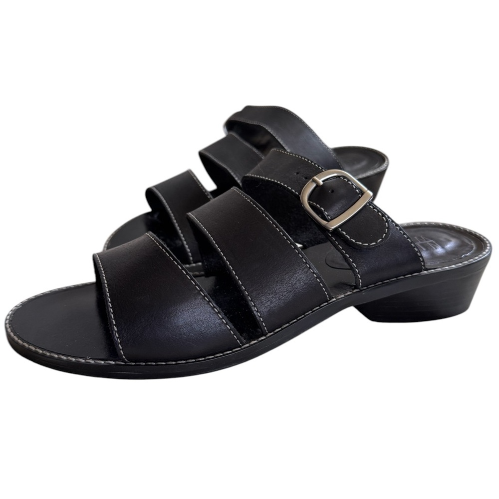 Nine West Women’s 10.5 Black Leather Wide Strap Sandal With 1.75” Heel